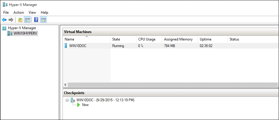 Captura de ecrã do ponto de verificação criado no Gestor do Hyper V