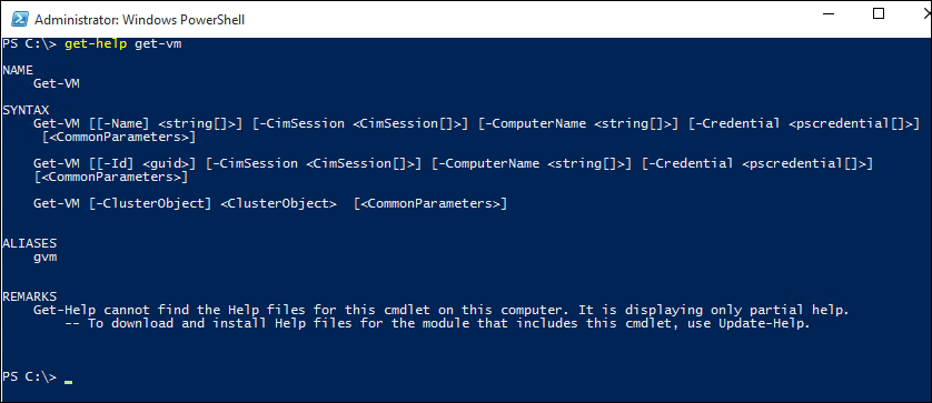 Captura de tela da tela do Administrator Windows Power Shell, mostrando a saída de como estruturar comandos.
