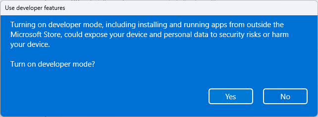 Caixa de diálogo Modo de Desenvolvedor no Visual Studio