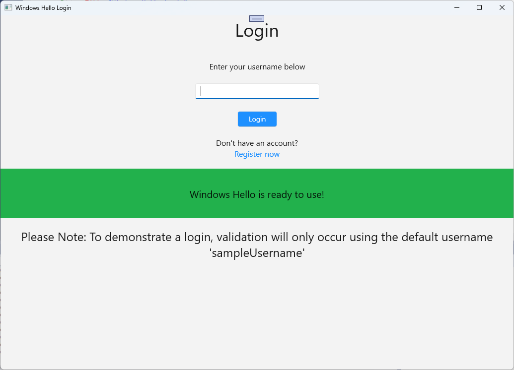Uma captura de ecrã do ecrã de início de sessão do Windows Hello com o estado pronto