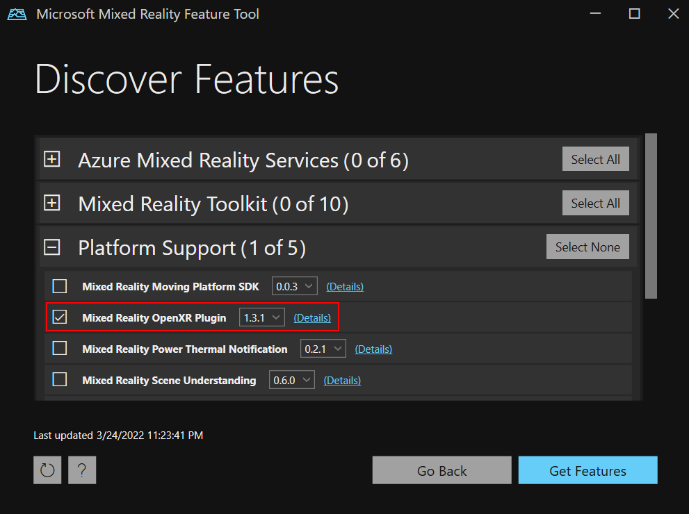 Captura de ecrã das seleções de pacotes na Ferramenta de Funcionalidades do Mixed Reality.