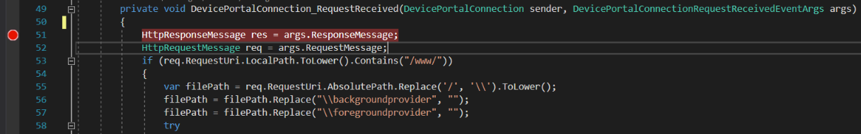ponto de interrupção no manipulador de receção de pedidos