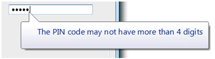 captura de tela do balão indicando limites de código PIN 