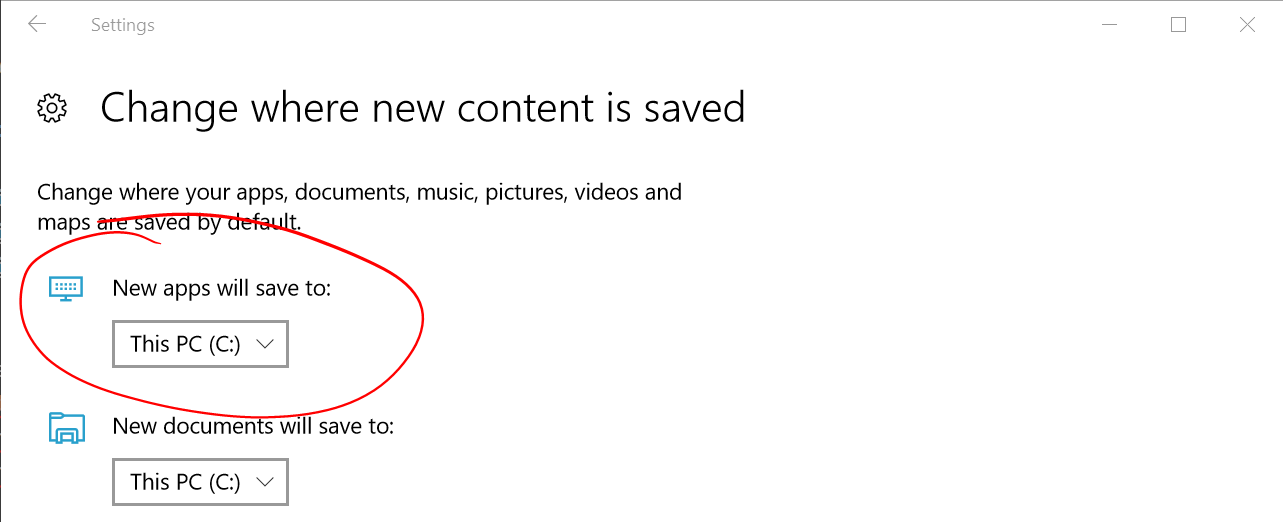 Imagem das definições do sistema para instalar aplicativos na unidade C: (Windows 10)