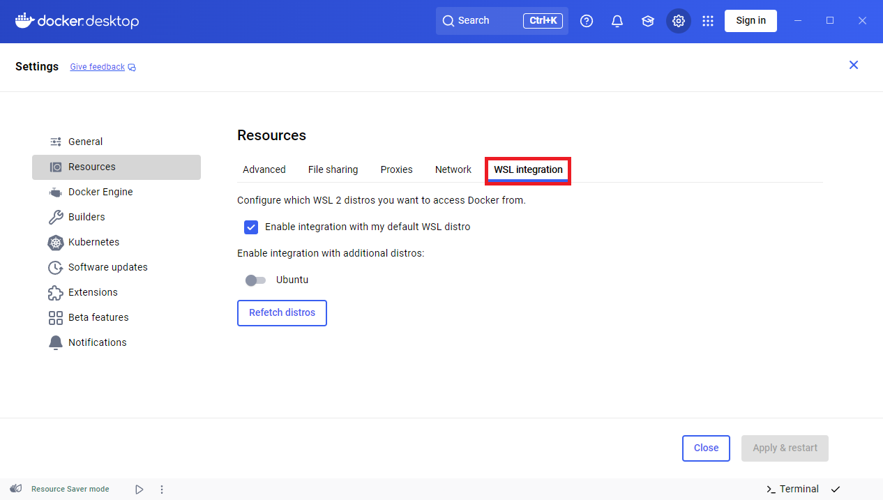 Configurações de recursos do Docker Desktop