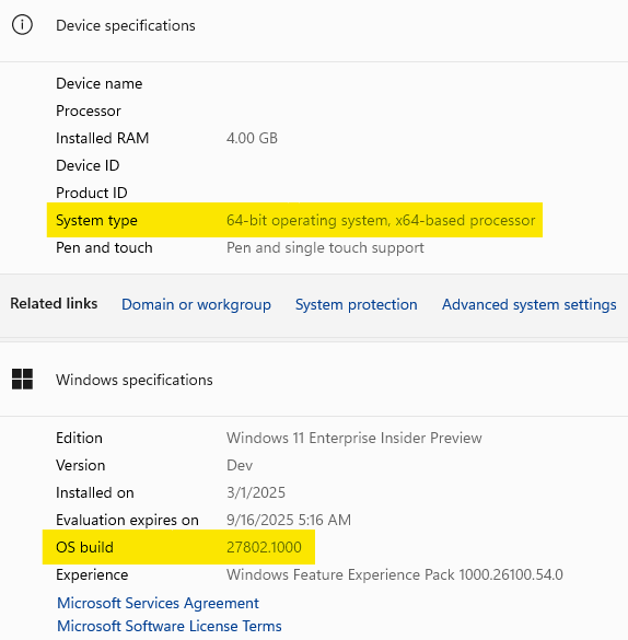 Captura de tela dos campos Build e System Type