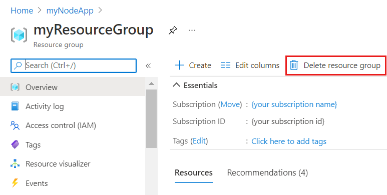 Screenshot of Delete resource group.