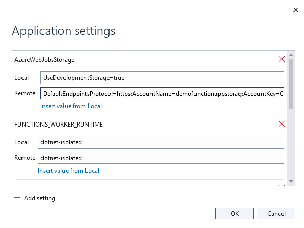 Screenshot of the Application settings dialog that shows local and remote values for various settings, and controls for adding and editing values.