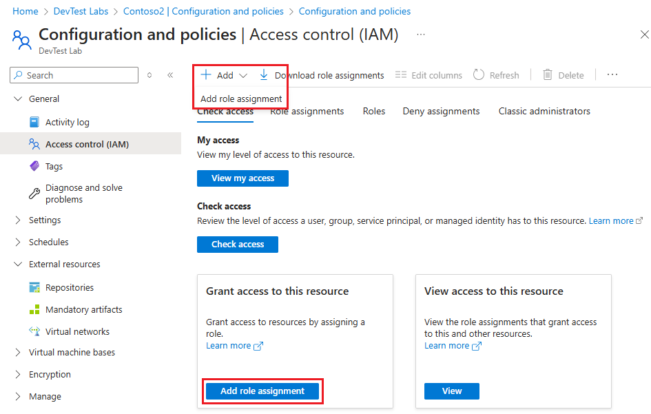 Screenshot that shows an access control (IAM) page with the role assignment menu open.