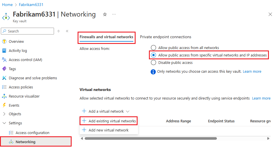 Screenshot that shows the Networking page for the key vault.