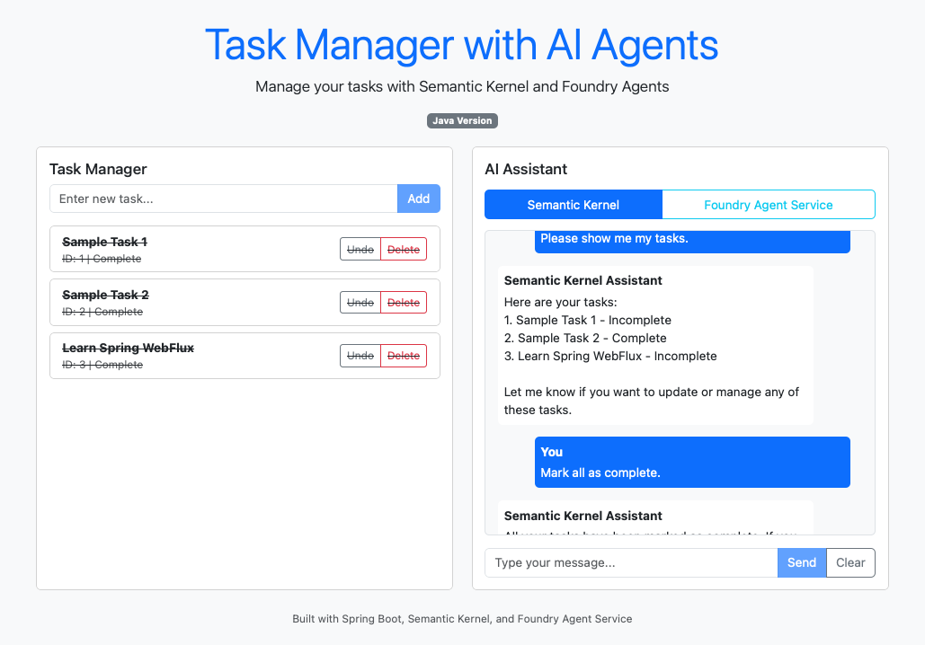 Screenshot of a chat completion session with a semantic kernel agent.
