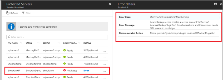 Screenshot that shows error details for protected servers.
