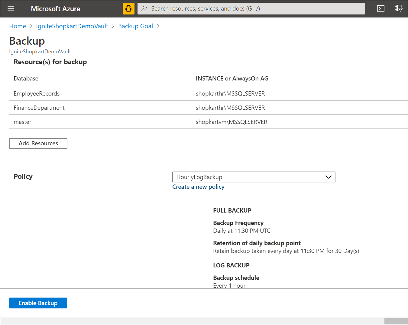 Screenshot that shows the pane for defining a backup policy.