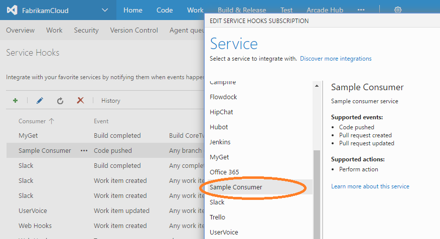 Diagram that shows a sample consumer service sending HTTP messages for code push and pull request events.