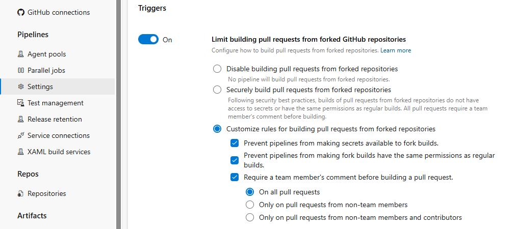 Screenshot of the project settings for limiting forked repo builds.