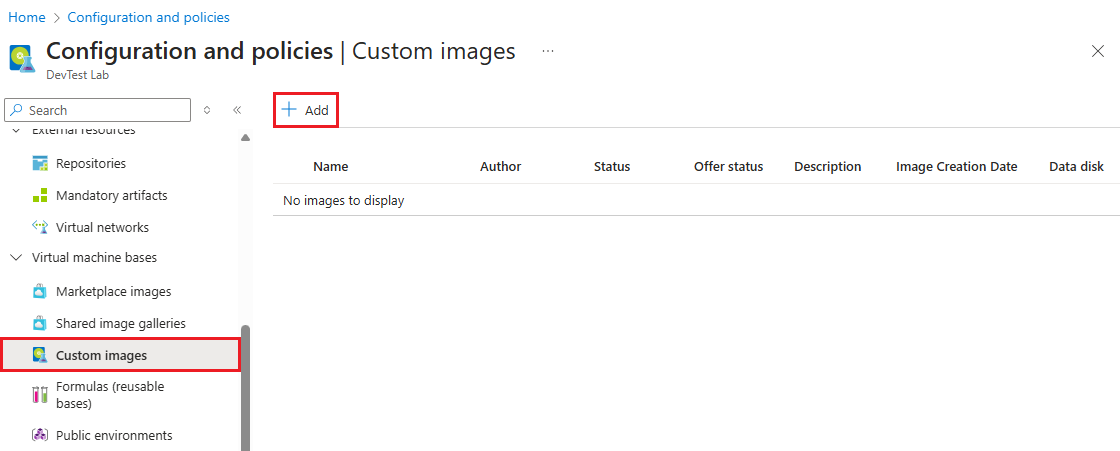 Screenshot that shows the Custom image page with the Add button.