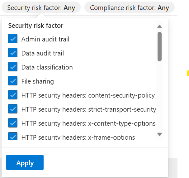 Screenshot showing the security risk factor filters