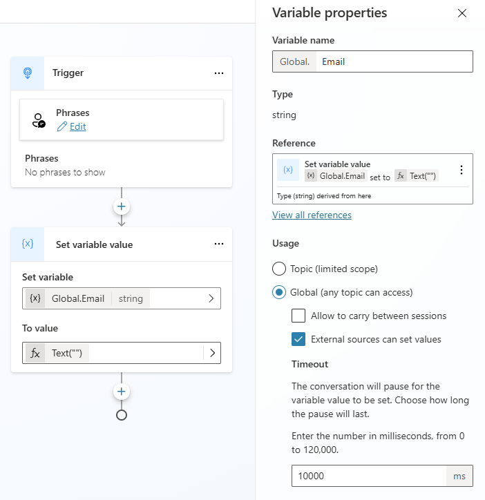 สกรีนช็อตของตัวแปรบริบทในหัวข้อใน Copilot Studio