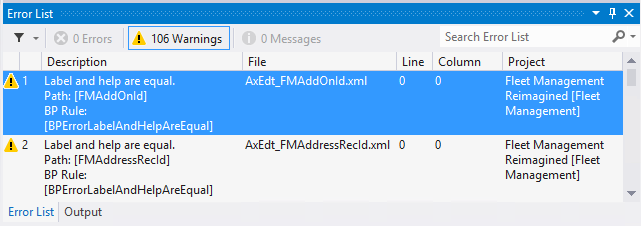 Screenshot of the Error list.