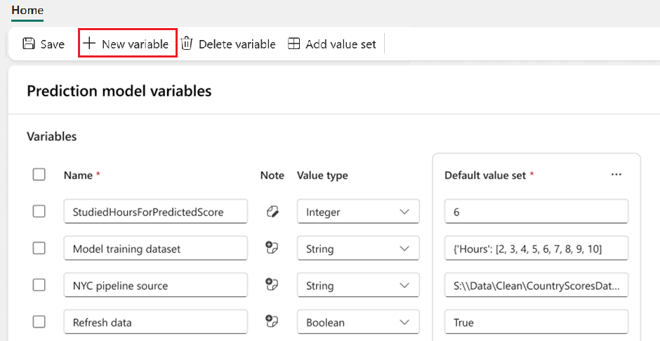 ภาพหน้าจอของไลบรารีตัวแปรพร้อมปุ่มสําหรับสร้างตัวแปรใหม่บนแถบเมนู