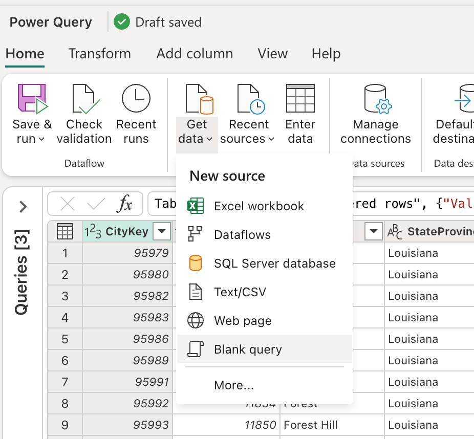 สกรีนช็อตของรายการในแท็บ รับข้อมูล ในแท็บ หน้าแรก เพื่อสร้างแบบสอบถามเปล่า