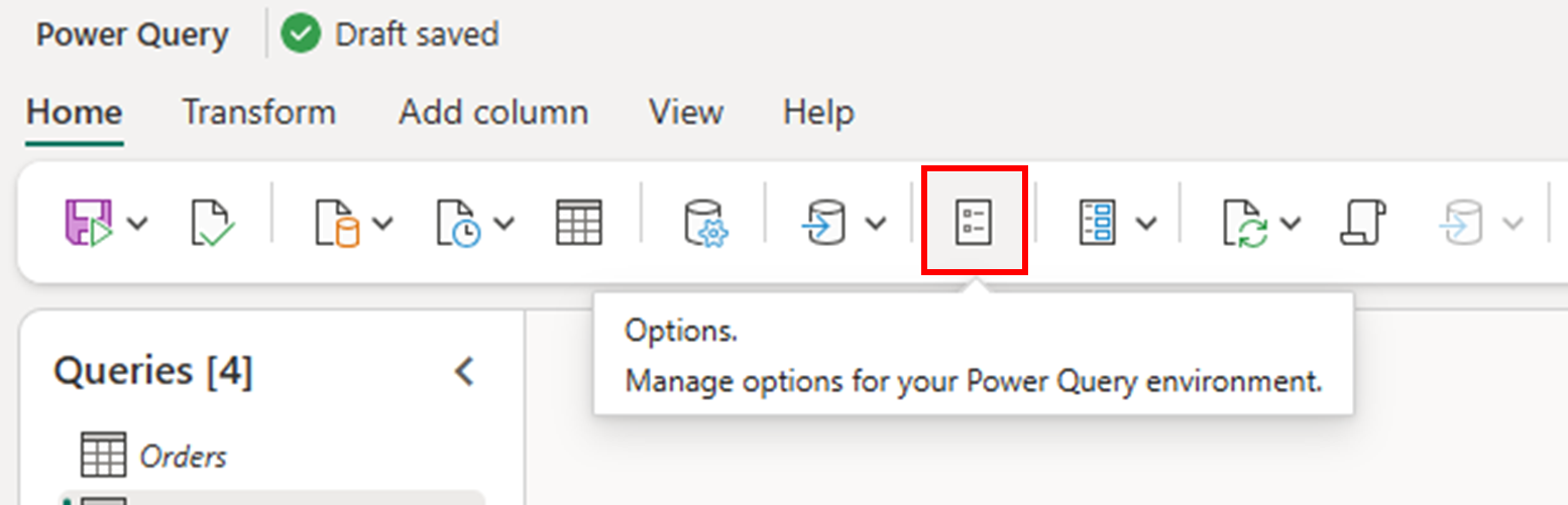 สกรีนช็อตของปุ่มตัวเลือกที่พบภายในแท็บหน้าแรกของริบบอนสําหรับตัวแก้ไข Power Query