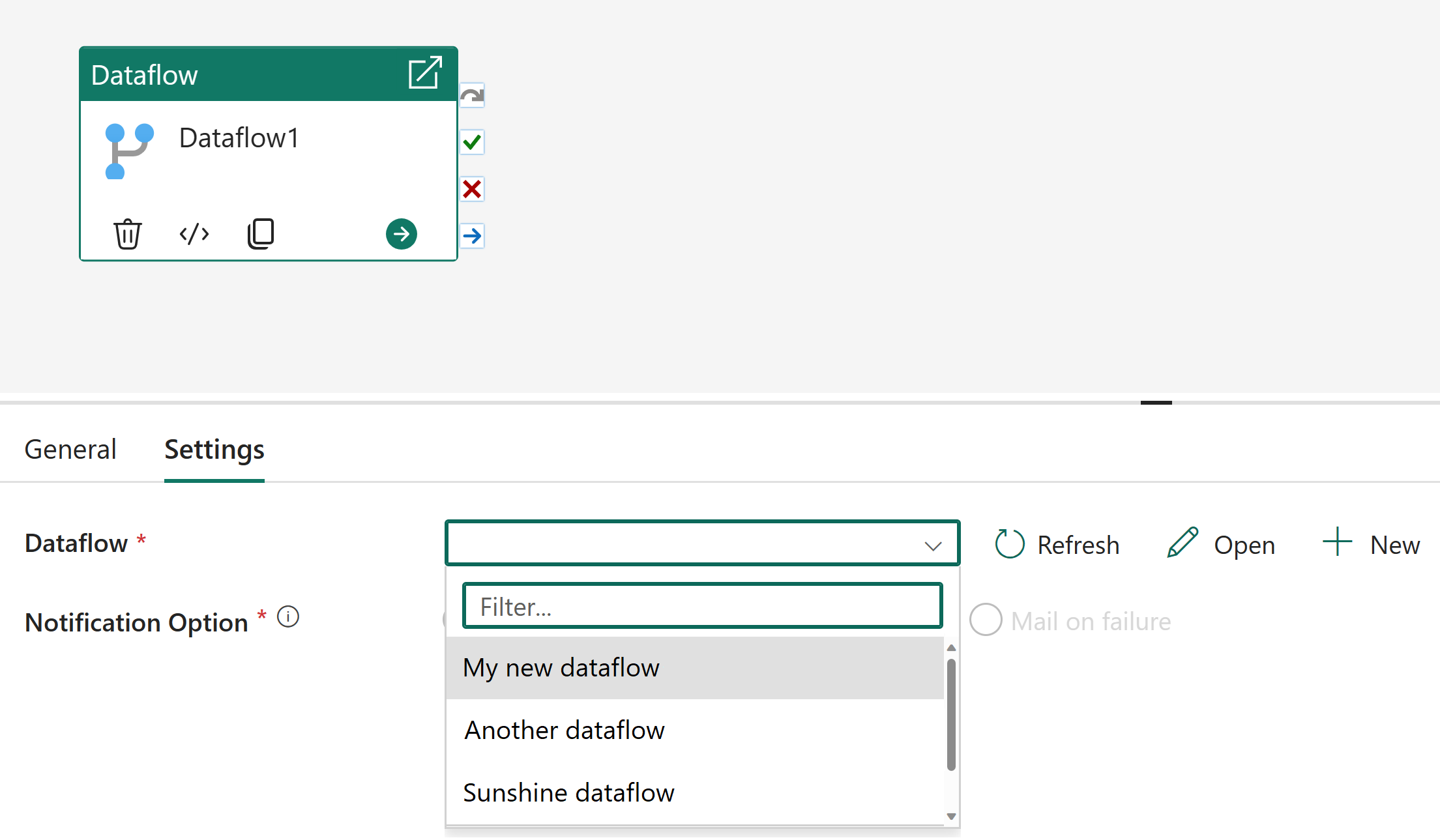 สกรีนช็อตของรายการดรอปดาวน์กระแสข้อมูล