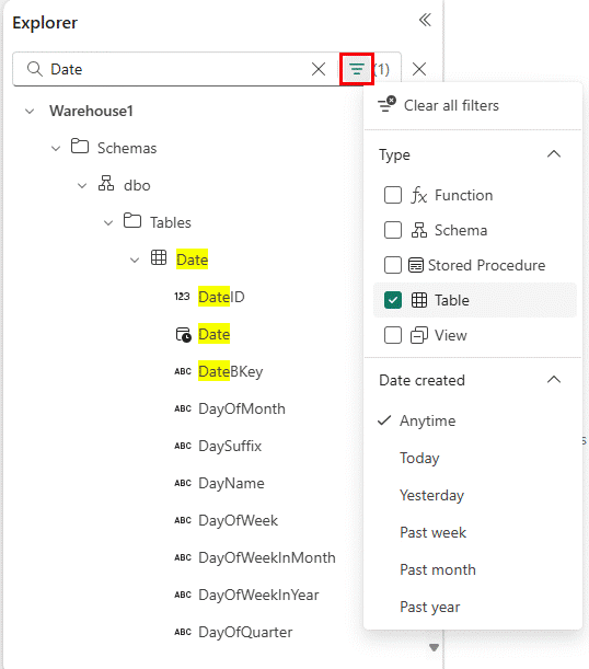 ภาพหน้าจอที่แสดงวิธีการกรองวัตถุใน object explorer