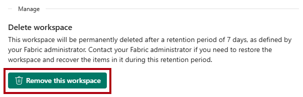 สกรีนช็อตของบานหน้าต่างการตั้งค่าพื้นที่ทํางาน โดยเน้นปุ่ม ลบพื้นที่ทํางานนี้
