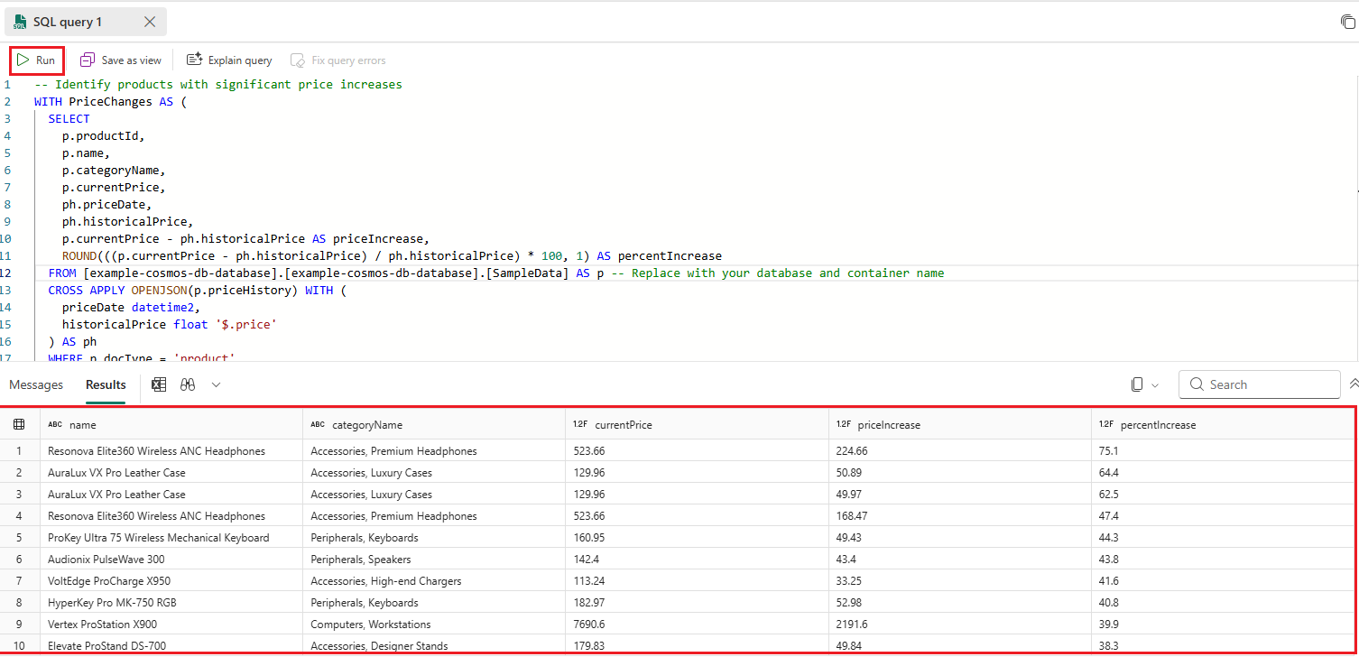 สกรีนช็อตของคิวรี OPENJSON Transact SQL (T-SQL) โดยใช้ตัวแก้ไขคิวรีในปลายทางการวิเคราะห์ SQL สําหรับสถานการณ์ขั้นสูง