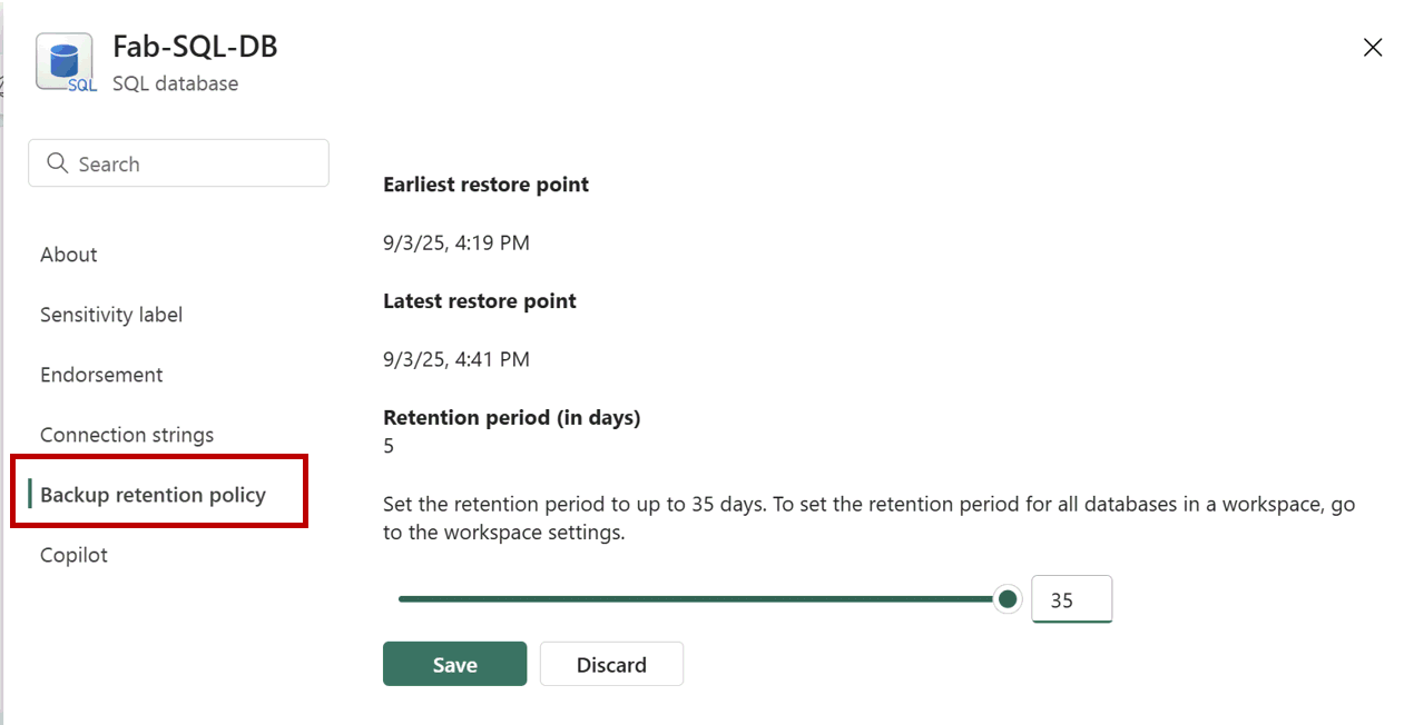 สกรีนช็อตจากพอร์ทัลแฟบริคที่แสดงวิธีการเปลี่ยนนโยบายการเก็บรักษาข้อมูลสํารองในการตั้งค่าฐานข้อมูล