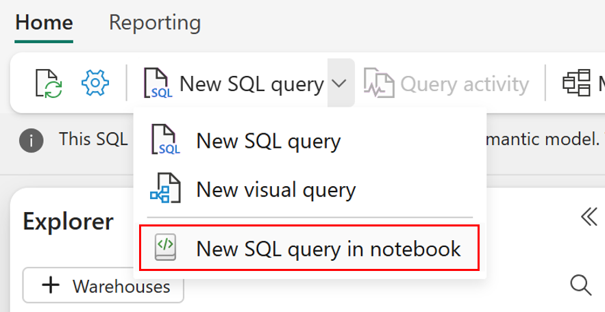 สกรีนช็อตจากตัวแก้ไขคิวรี SQL ของพอร์ทัล Fabric ที่แสดงรายการดรอปดาวน์คิวรี SQL ใหม่