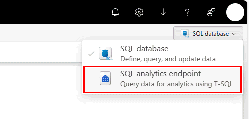 สกรีนช็อตจากพอร์ทัล Fabric ของตัวเลือกรายการดรอปดาวน์ของฐานข้อมูล SQL หรือจุดสิ้นสุดการวิเคราะห์ SQL