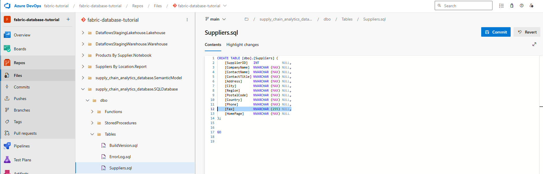 สกรีนช็อตแสดงการแก้ไขข้อกําหนดคอลัมน์โทรสารในตารางซัพพลายเออร์ภายใน Azure DevOps