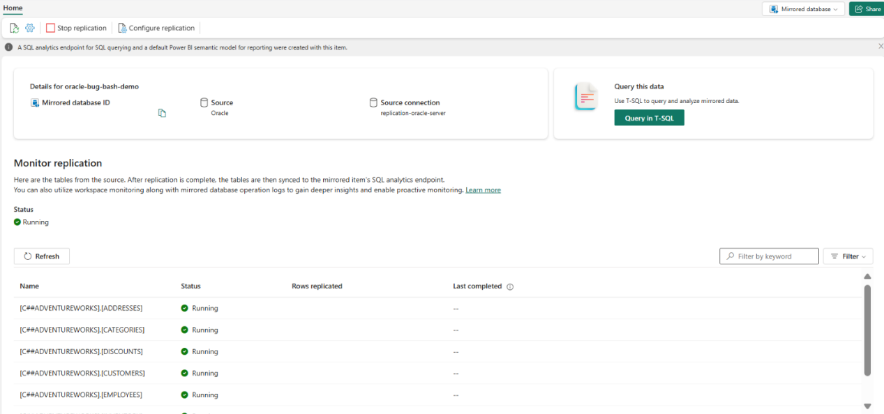 สกรีนช็อตของอินเทอร์เฟซที่แสดงสถานะ แถวที่จําลองแบบ และข้อมูลที่มองเห็นได้ในมุมมองคลังข้อมูลหลังจากการสร้างมิเรอร์