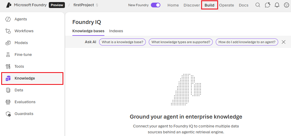 สกรีนช็อตที่แสดงการเลือกแท็บ ความรู้ จากเมนู Foundry Build