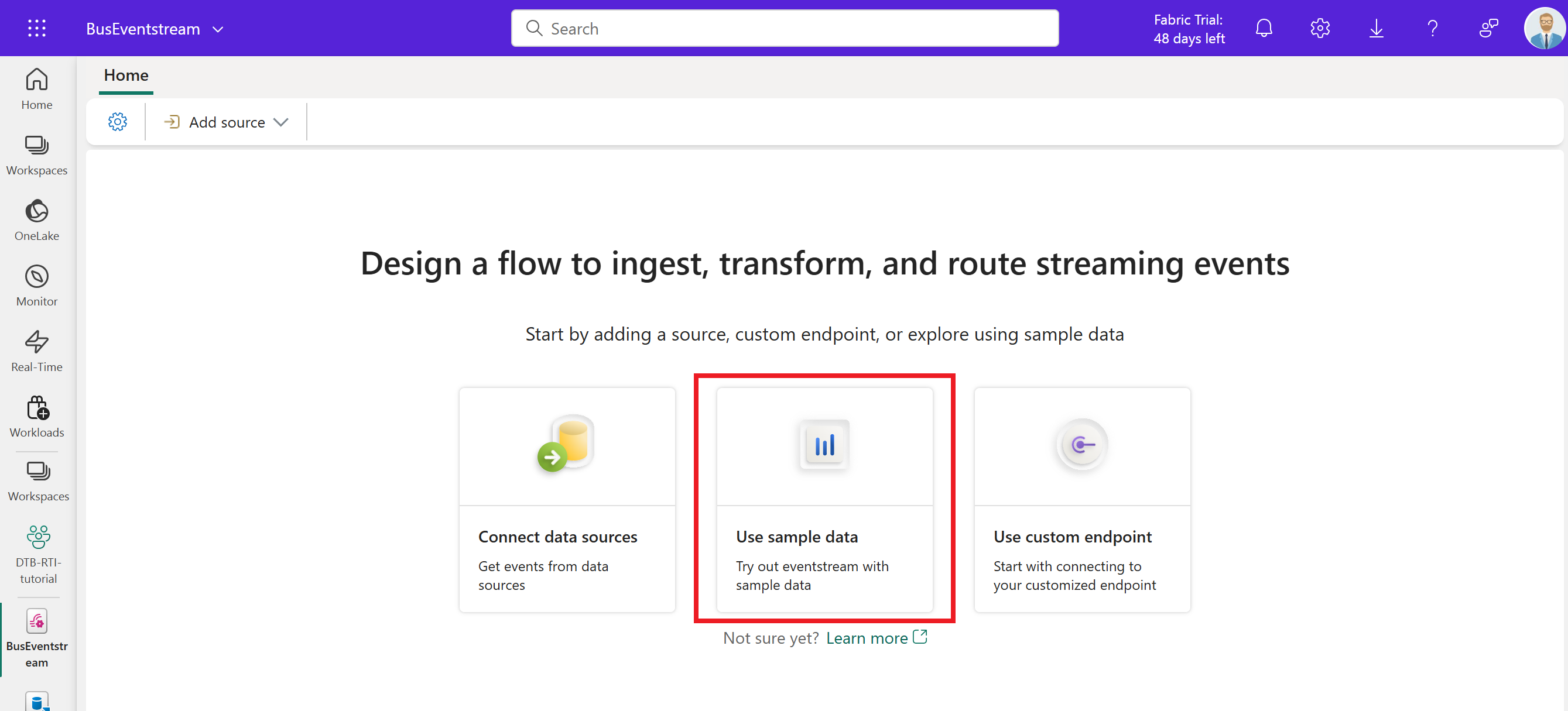 สกรีนช็อตของการเลือกข้อมูลตัวอย่างสําหรับเหตุการณ์