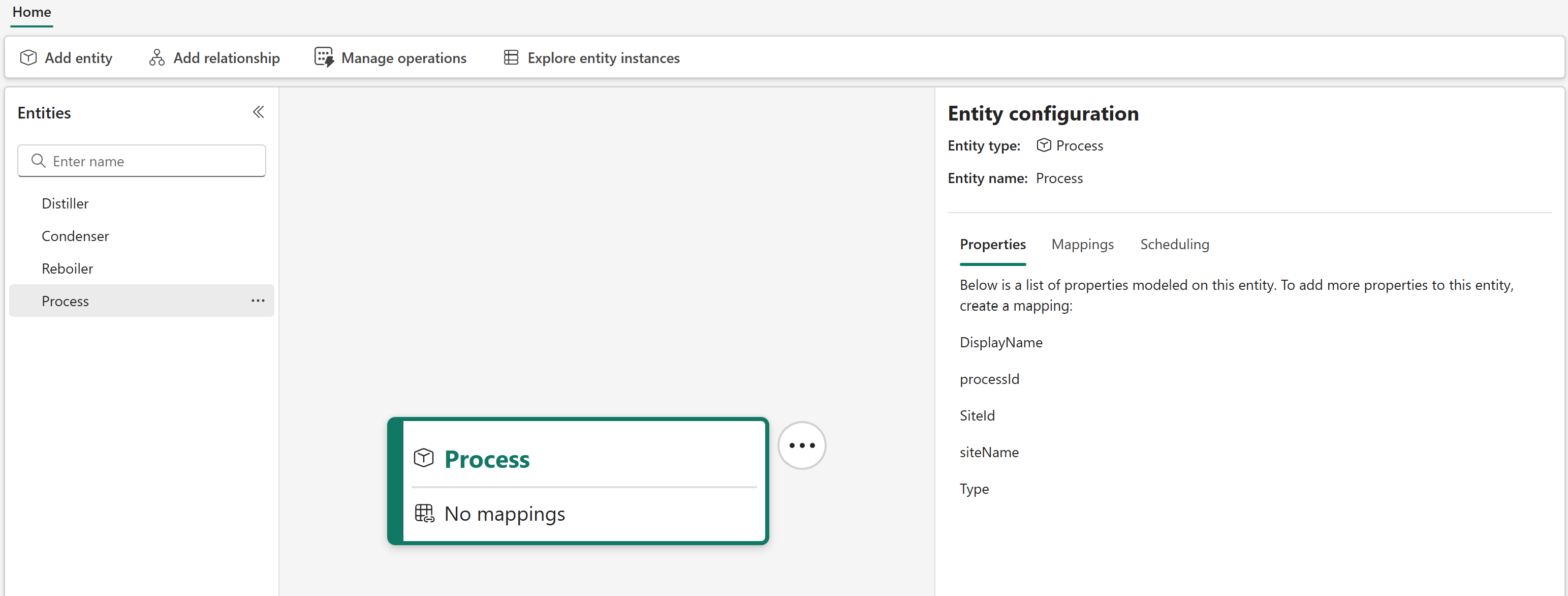 สกรีนช็อตของประเภทเอนทิตีกระบวนการ
