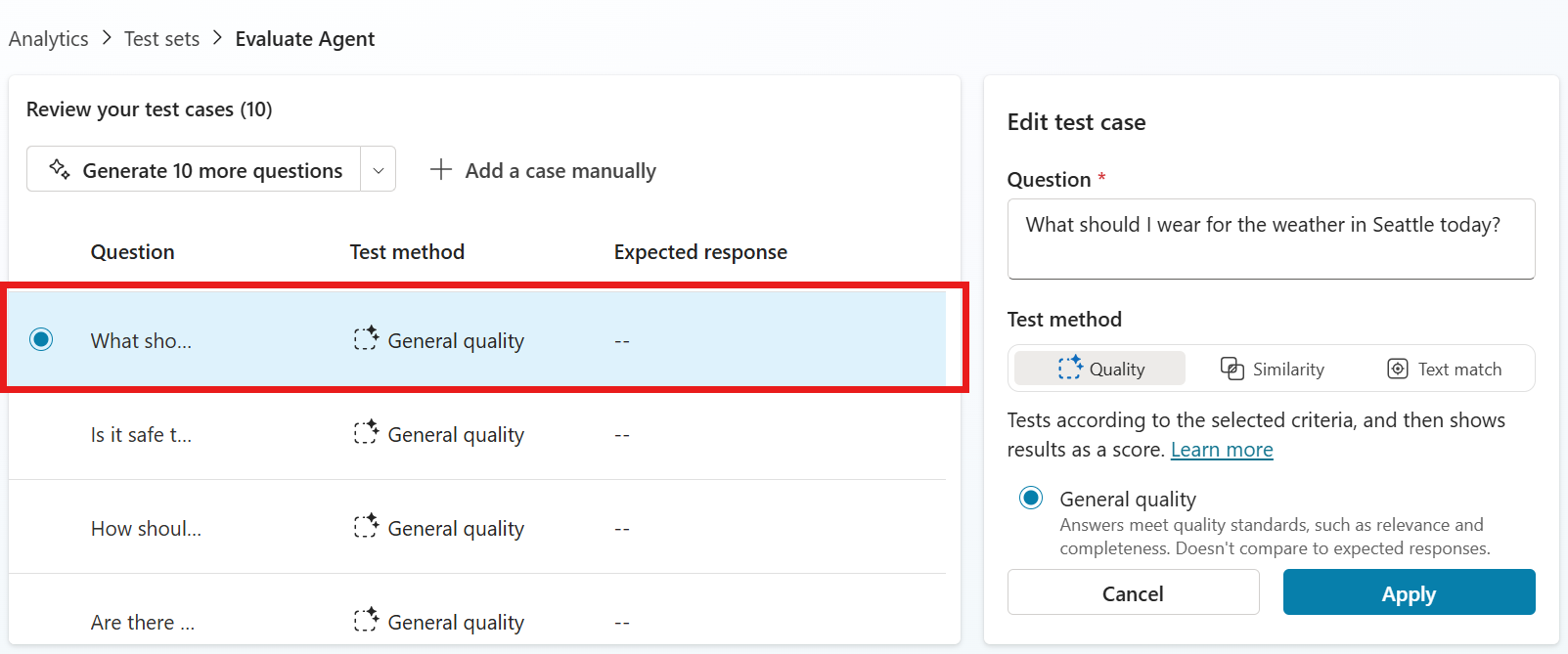 ภาพหน้าจอที่แสดงรายการกรณีการทดสอบ