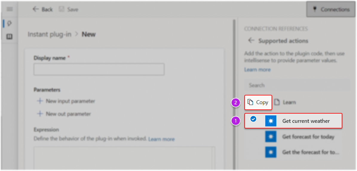 คัดลอกส่วนของการดำเนินการจากบานหน้าต่างการเชื่อมต่อ
