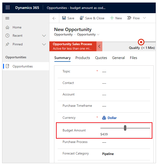 เพิ่มการควบคุมตัวเลื่อนลงในฟิลด์จำนวนงบประมาณในฟอร์มแอปแบบจำลอง การควบคุมตัวเลื่อนที่เพิ่มลงในฟิลด์จำนวนงบประมาณในฟอร์มแอปแบบจำลอง