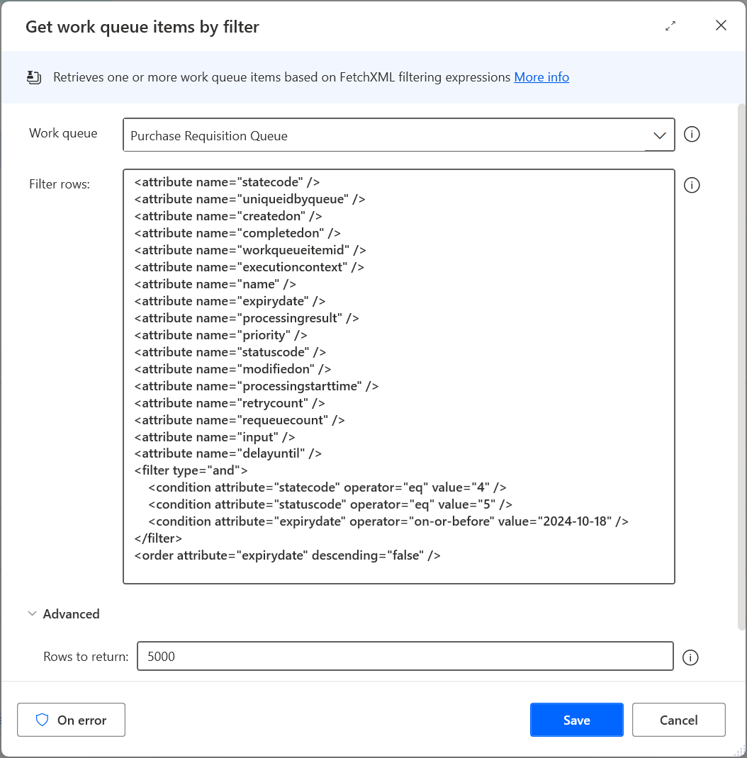 ภาพหน้าจอของการดำเนินการรับรายการคิวงานตามตัวกรอง