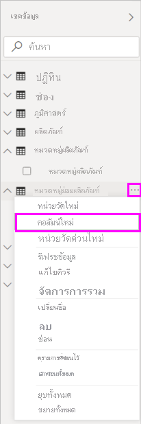 ภาพหน้าจอของ คอลัมน์ใหม่ ในเมนูแบบเลื่อนลง