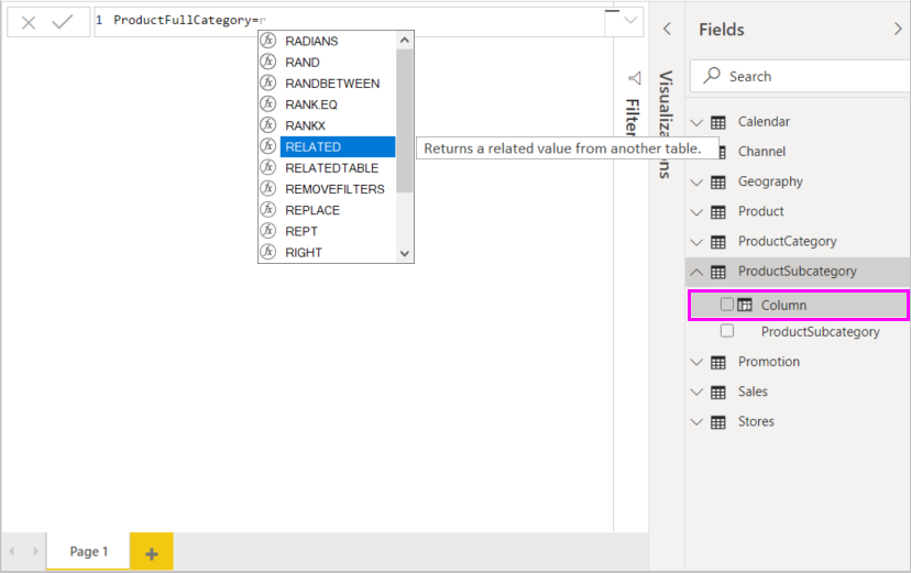 สกรีนช็อตของ ที่เกี่ยวข้อง ถูกเลือกในแถบสูตร