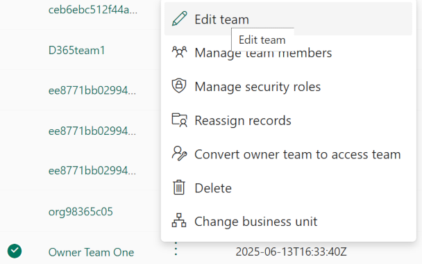 ภาพหน้าจอของการเลือกตัวเลือกแก้ไขสำหรับทีม