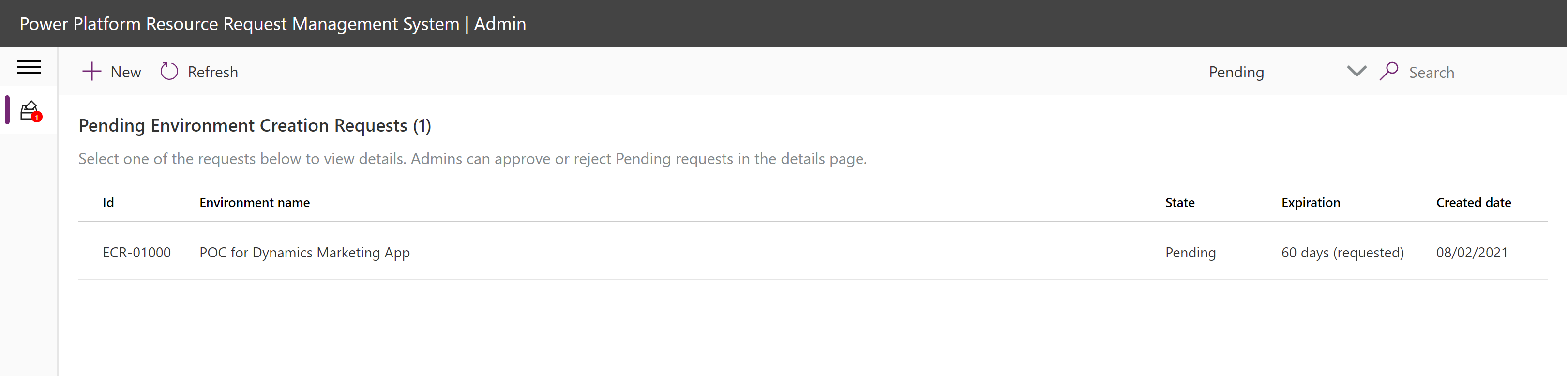 สกรีนช็อตแสดงรายการเดียวที่กําลังรอการตรวจทานในคําขอการสร้างสภาพแวดล้อมที่ค้างอยู่