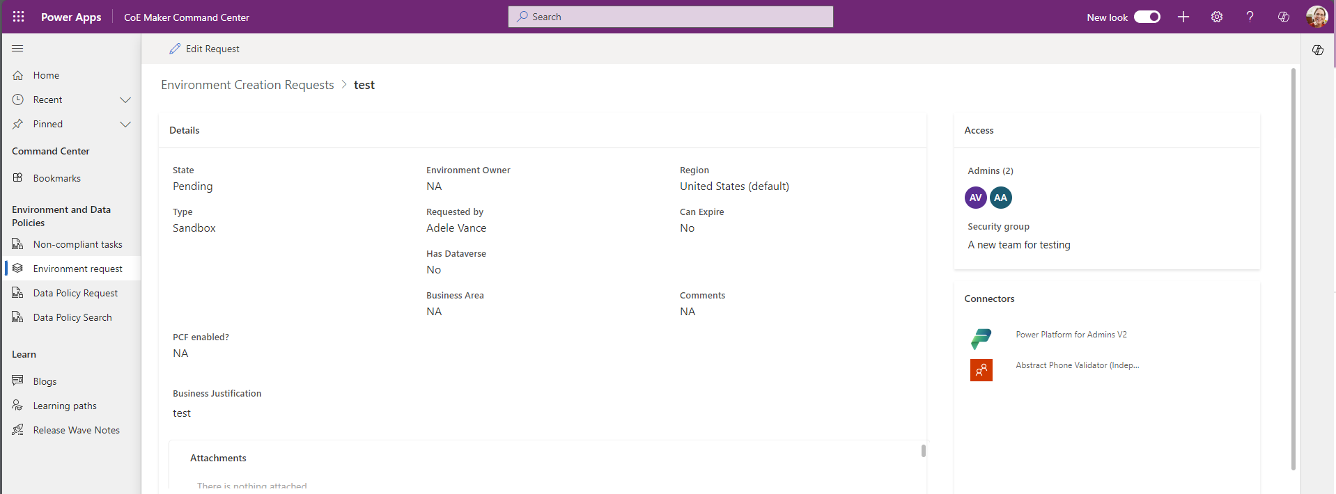 สกรีนช็อตแสดงหน้าจอคําขอสร้างสภาพแวดล้อมใหม่ที่คุณให้รายละเอียดสภาพแวดล้อม