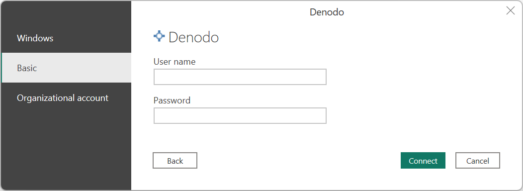 สกรีนช็อตของการรับรองความถูกต้องพื้นฐานของ Denodo ใน Power BI Desktop