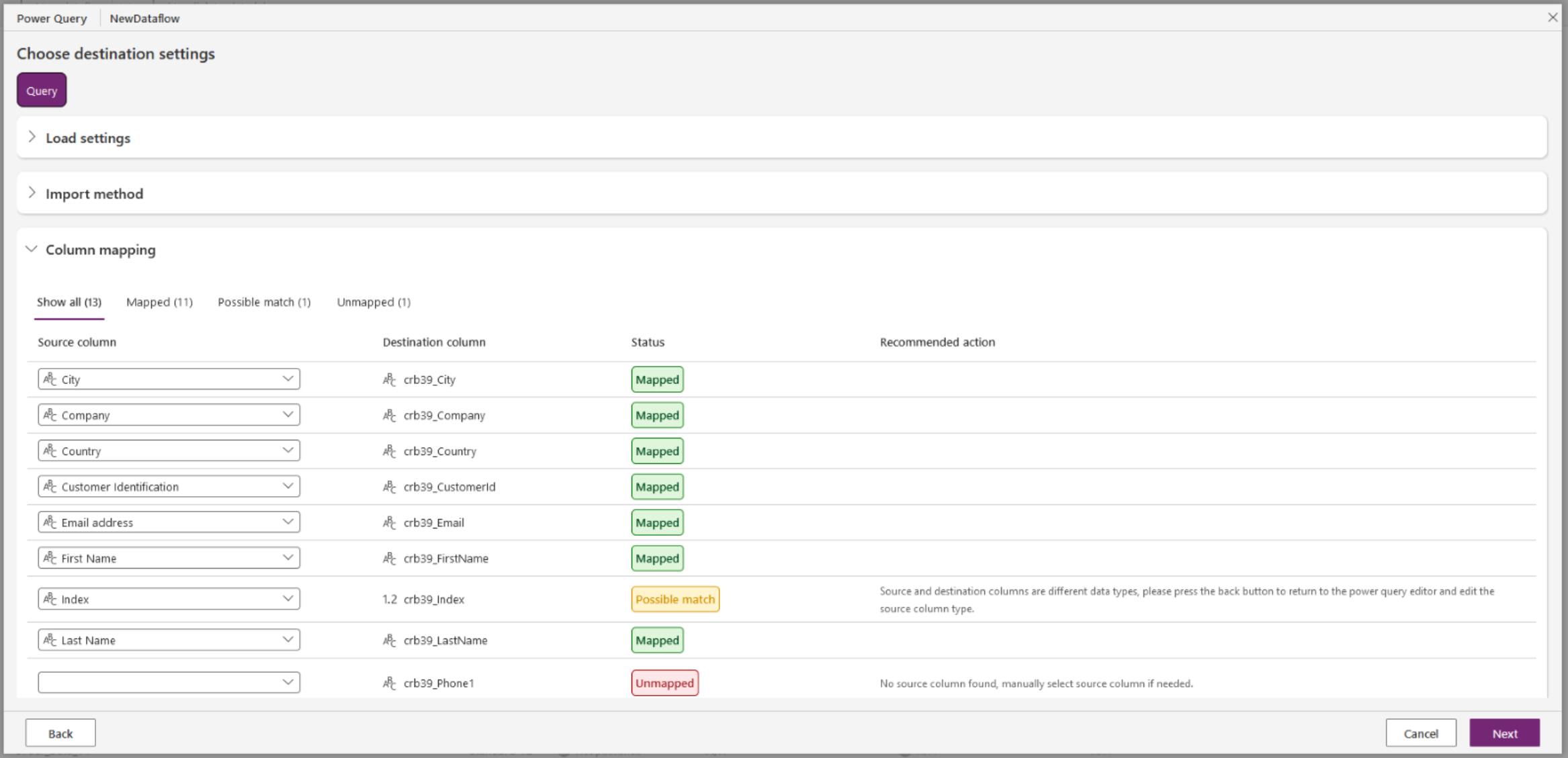 สกรีนช็อตของกล่องโต้ตอบเลือกการตั้งค่าปลายทางที่แสดงตัวเลือกการแมปคอลัมน์