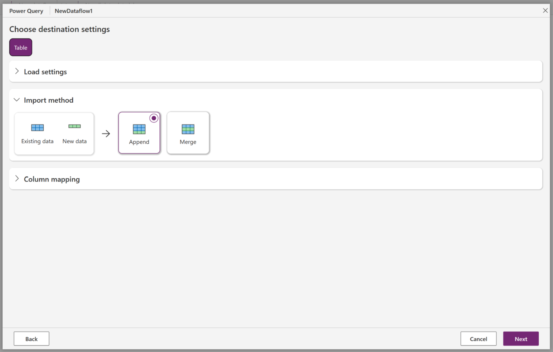 สกรีนช็อตของกล่องโต้ตอบเลือกการตั้งค่าปลายทางที่แสดงตัวเลือกวิธีการนําเข้า